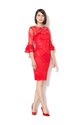 Rochie rosie de dantela cu volane pe maneci